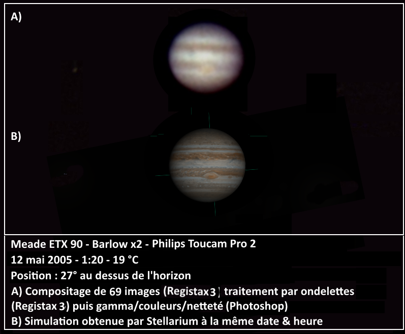 Jupiter 12 mai 2005 - Toucam Pro 2 + ETX90 + Barlow x2 vs simulation