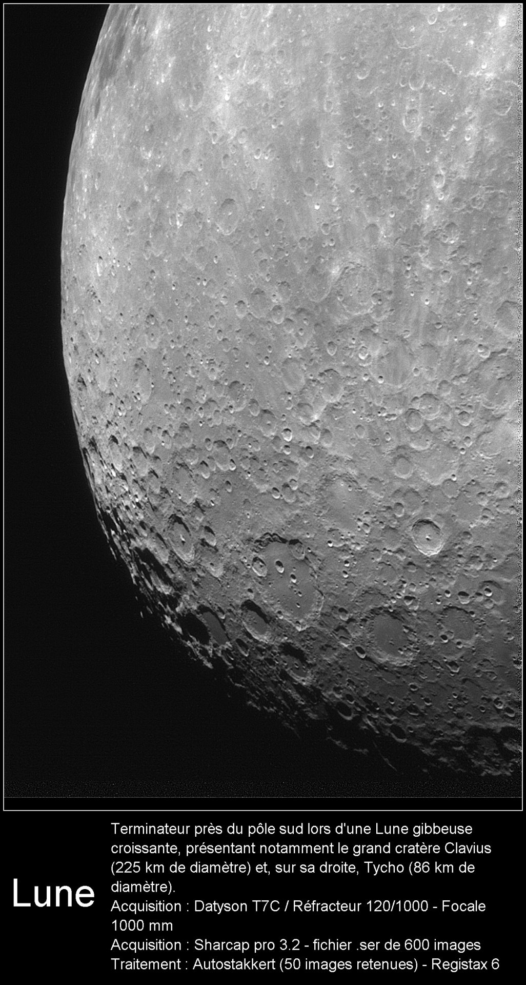 Lune pôle sud terminateur près de Clavius - 1er juin 2020